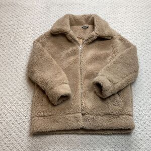 Boohoo Coat Womens 4 Brown Sherpa Jacket Full Zip Pockets Lined Polyester Soft